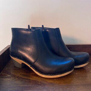 Dansko Lizanne Side-Zip Heeled Booties in Black Leather
